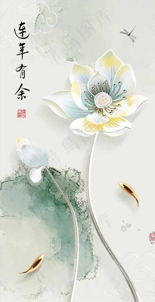 中式淡雅浮雕荷花玄关背景图片