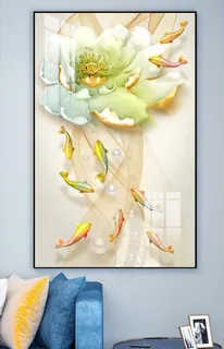 新中式荷花九鱼图装饰画图片