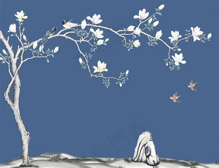 蓝色底玉兰花鸟背景墙图片