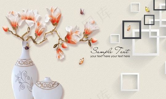 中式传统玄关花鸟植物背景墙画图片