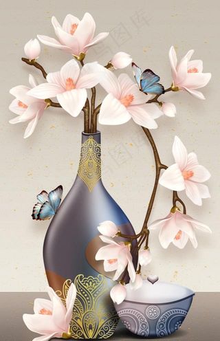 立体浮雕玉兰花玄关背景墙图片