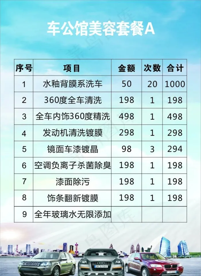 汽车美容价目表图片(210X297)cdr矢量模版下载