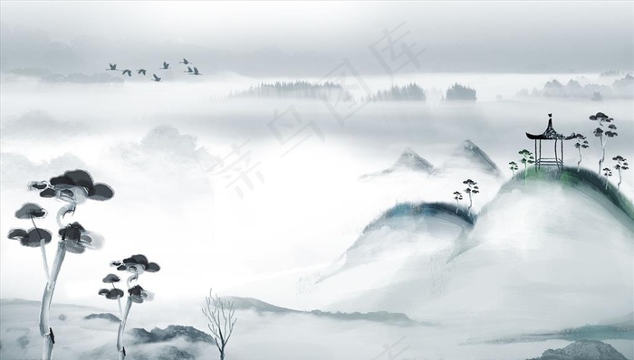 水墨山水 树 亭 背景墙图片(14173X8504(DPI:72))psd模版下载