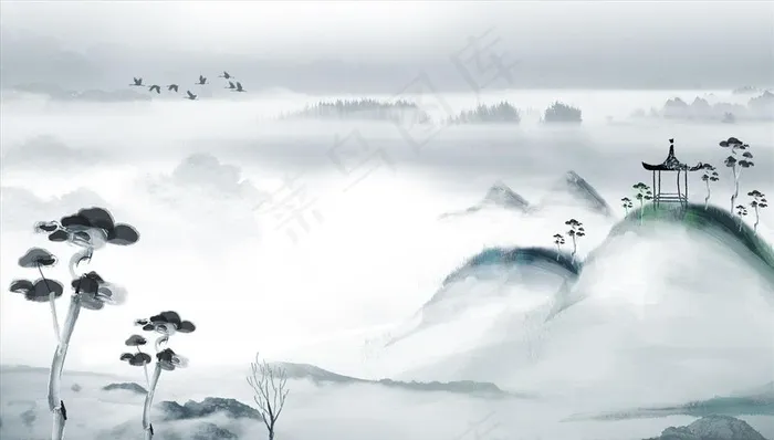 水墨山水 树 亭 背景墙图片(14173X8504(DPI:72))psd模版下载