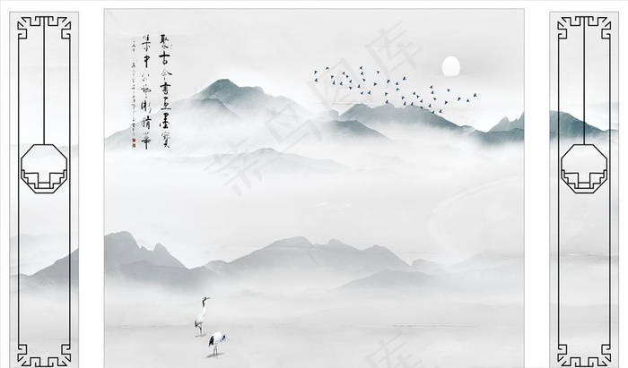 水墨山水 鹤 造型 背景墙图片(11339X5669(DPI:72))psd模版下载