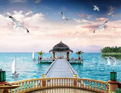 海景桥阳台海景海边风景背景墙图片