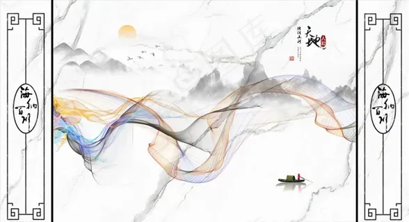 水墨山水 小船 飘带 背景墙图片