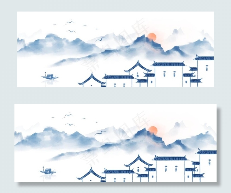 水墨建筑山水图片psd模版下载