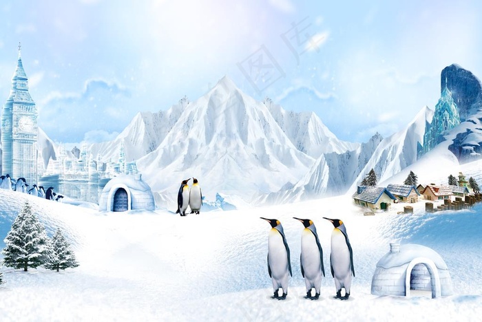 南极企鹅 雪地城堡 地产活动图片
