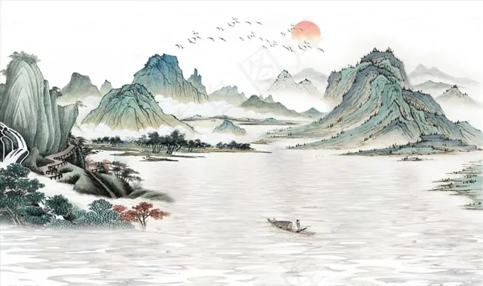 水墨山水 小船 背景墙图片(9071X5669(DPI:72))psd模版下载
