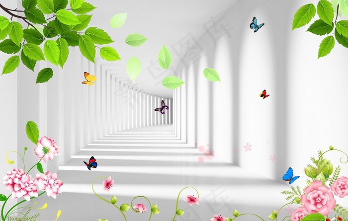 空间黄玫瑰花藤3D电视背景墙图片