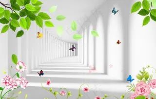 空间黄玫瑰花藤3D电视背景墙图片