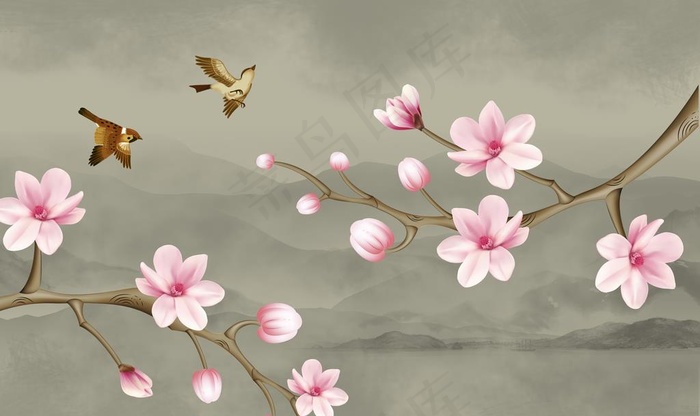 玉兰手绘工笔花鸟新中式背景墙图片(9071X5669(DPI:72))psd模版下载