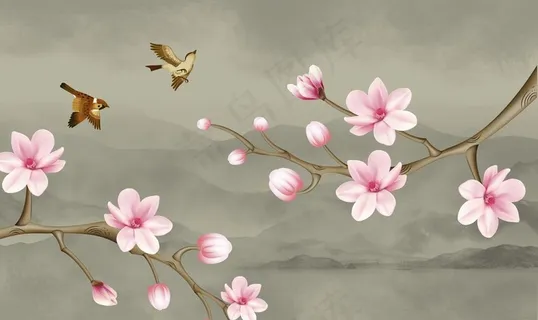 玉兰手绘工笔花鸟新中式背景墙图片
