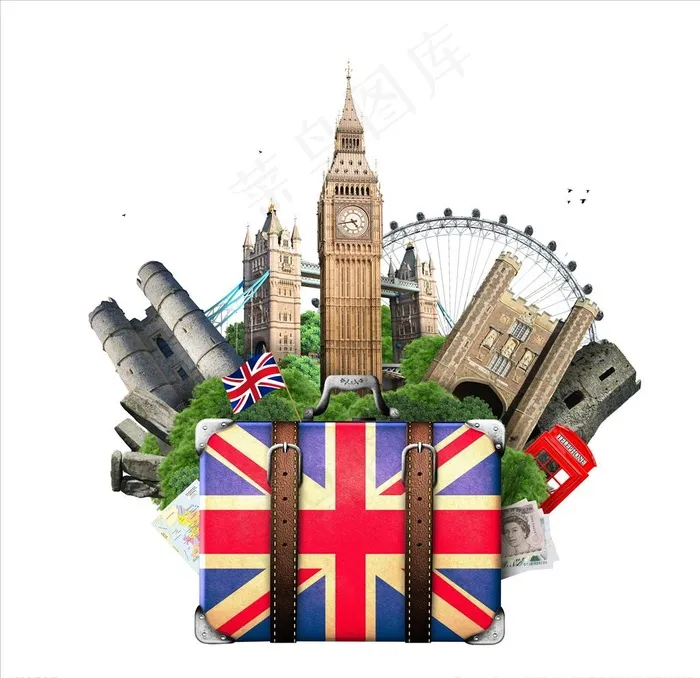 英国地标建筑合成行李箱免抠（单图层抠图）图片(5000X5000(DPI:300))psd模版下载