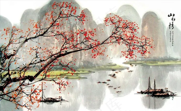 水墨山水 小船 背景墙图片(9071X5669(DPI:72))psd模版下载