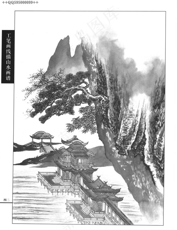 线描工笔画楼阁03图片