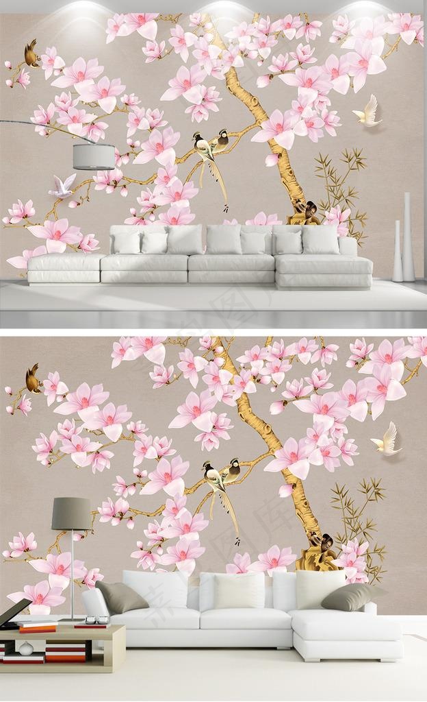 现代手绘新中式工笔花鸟背景墙图片(9071X5669(DPI:72))psd模版下载