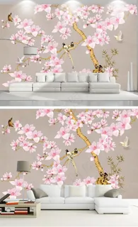 现代手绘新中式工笔花鸟背景墙图片