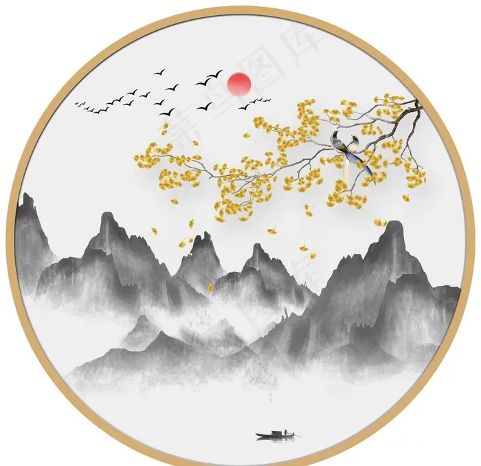圆形山水画圆形水墨画圆形银杏叶图片(2835X2835(DPI:72))psd模版下载