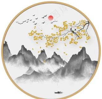 圆形山水画圆形水墨画圆形银杏叶图片 圆形山水画圆形水墨画圆形银杏叶图片