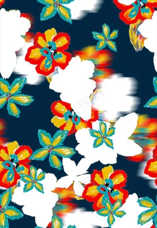 数码印花蓝色底白蓝橙黄色花图片