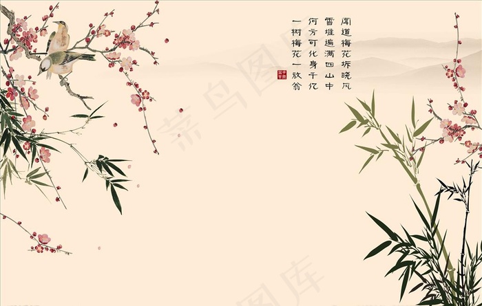 大尺寸古典花鸟禅意背景墙壁纸图片