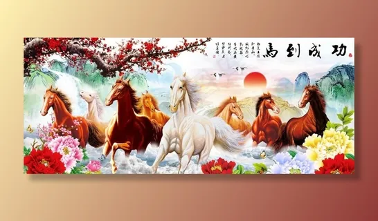 八骏图马到功成水墨画中国画背景图片 八骏图马到功成水墨画中国画背景图片