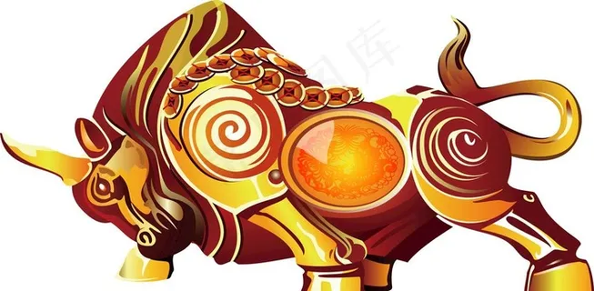 卡通铜牛黄金牛年AI矢量图片