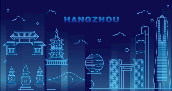 夜光城市杭州地标建筑可商用插画图片