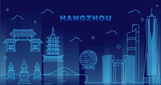 夜光城市杭州地标建筑可商用插画图片