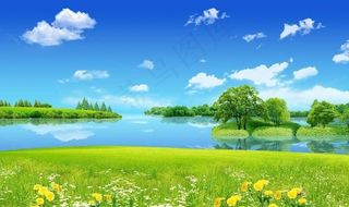 蓝天白云湖泊草地图片