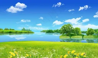 蓝天白云湖泊草地图片