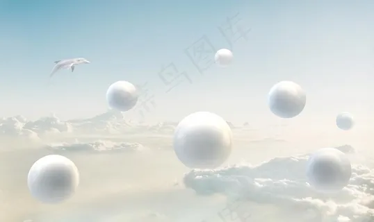 3D球球蓝天白云背景墙图片 3D球球蓝天白云背景墙图片