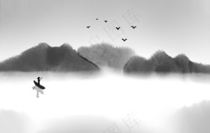 水墨山水小船图片