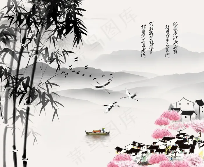 水墨竹林桃花源电视背景墙图片(8935X7597(DPI:72))psd模版下载