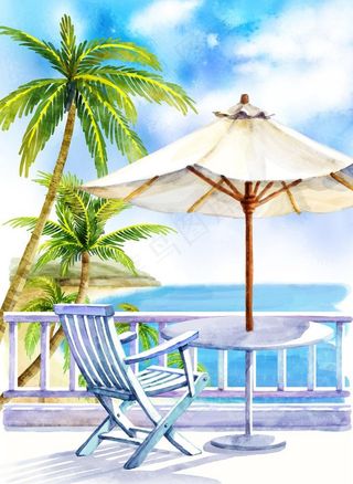 晴空万里沙滩风景手绘插画图片