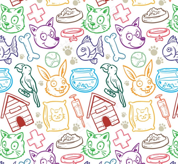 彩绘宠物元素无缝背景图片