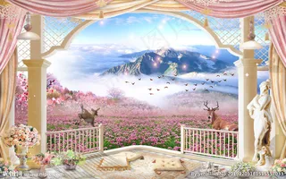 薰衣草罗马柱梦幻背景图片