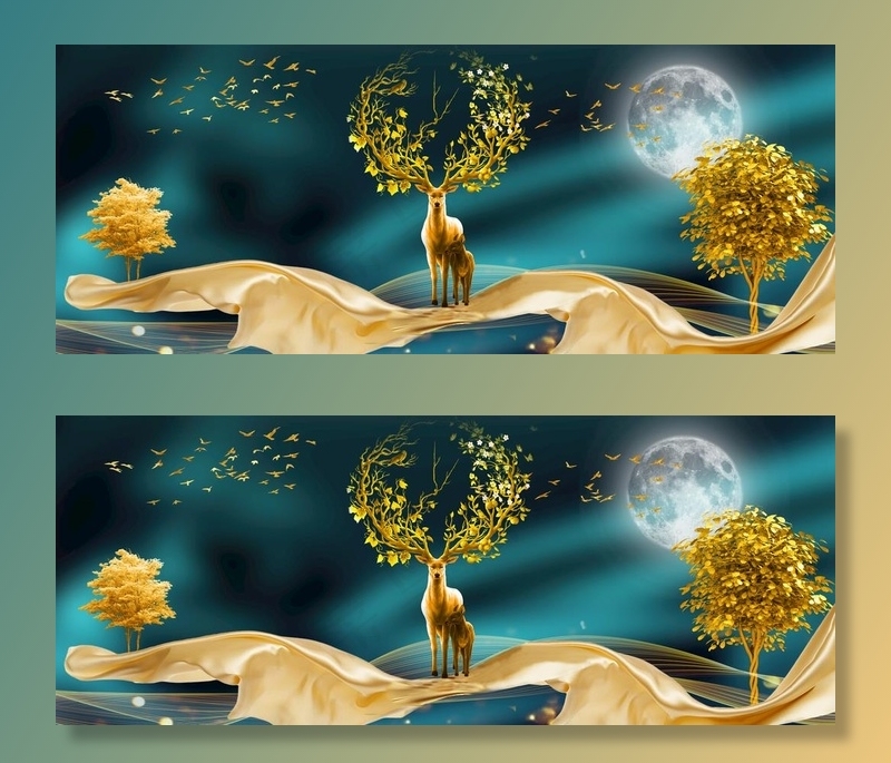 新中式墨绿色丝绸飘带麋鹿装饰画图片