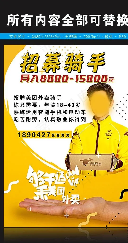 美团外卖美团专送骑手招聘图图片(2480X3508(DPI:300))psd模版下载