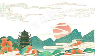 手绘祥云国潮山水元素图片