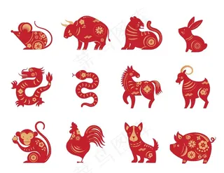 中国风牛年新年十二生肖剪纸矢量图片