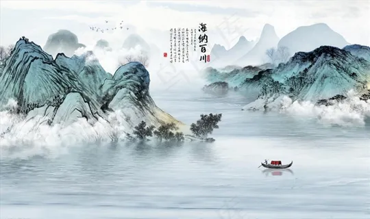 水墨山水 小船 背景墙图片