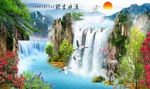 中式瀑布风景流水生财影视背景墙图片