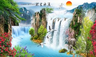 中式瀑布风景流水生财影视背景墙图片