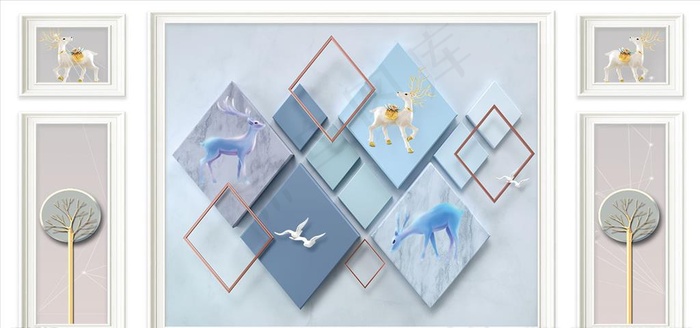 麋鹿几何背景墙图片(11339X5669(DPI:72))psd模版下载