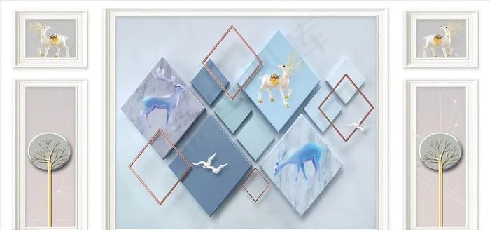 麋鹿几何背景墙图片(11339X5669(DPI:72))psd模版下载