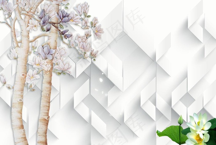 3D立体玉兰花树荷花电视墙图片
