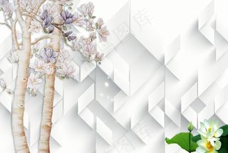 3D立体玉兰花树荷花电视墙图片
